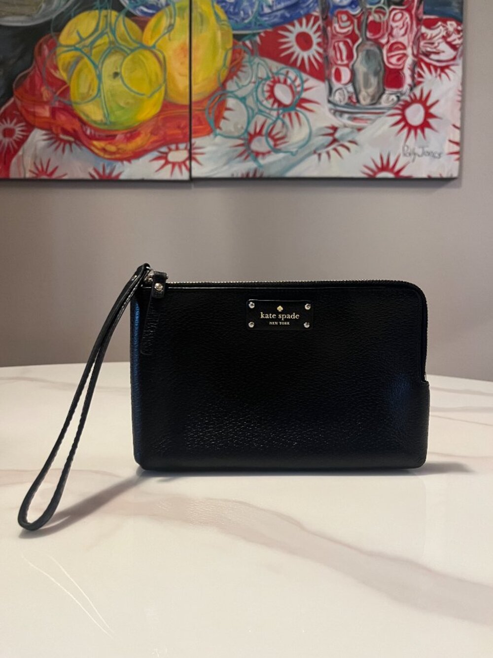 Kate Spade New York Black Pebbled Leather Wristlet Zip Wallet